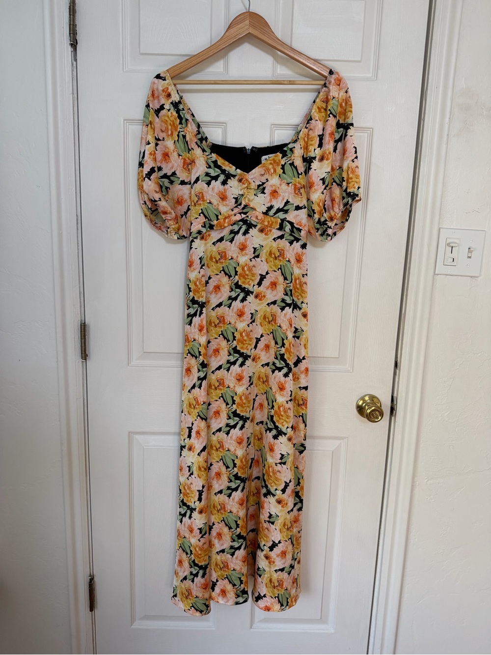 In Bloom Peach and Yellow Floral Puff-Sleeve Maxi Dress